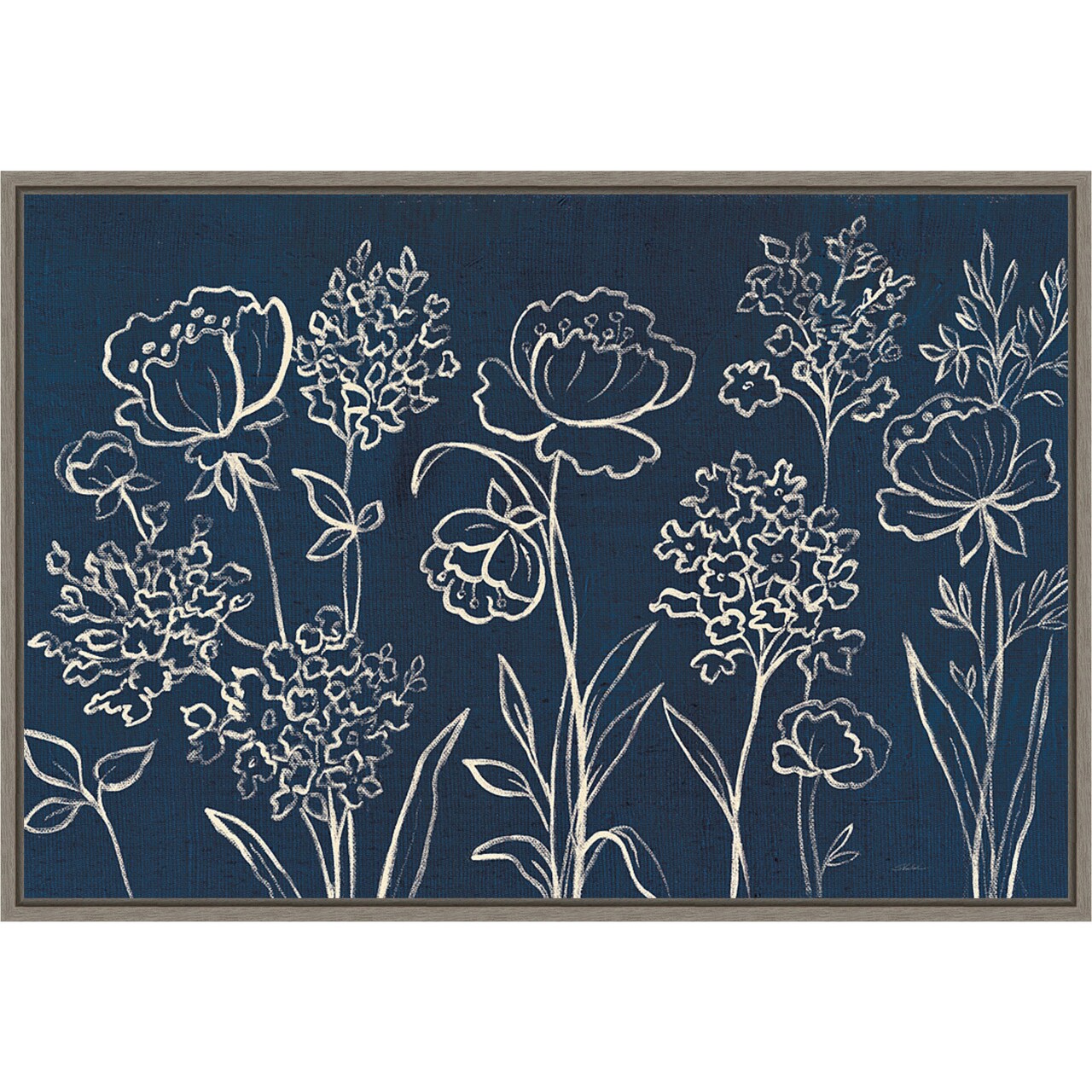 Indigo Floral I by Silvia Vassileva 23-in. W x 16-in. H. Canvas Wall Art Print Framed in Grey